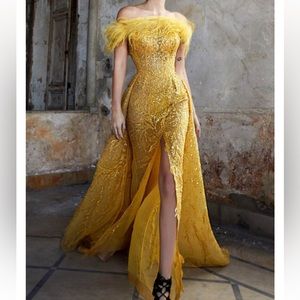 MNM Couture Feather Off-Shoulder Gown
